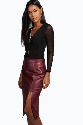 boohoo Heidi Side Split Leather Look Midi Skirt