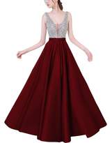 Thumbnail for your product : HONGFUYU Sleeveless Satin V Neck A Line Long Prom Dresses Beading Floor Length Evening Dress Burgundy-US