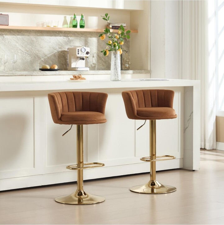 Streamdale Furniture Set of 2 Orange Velvet Swivel Bar Stools with Chrome Footrest