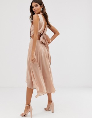 ASOS DESIGN midi dress in satin and crepe with lace trim and tie waist