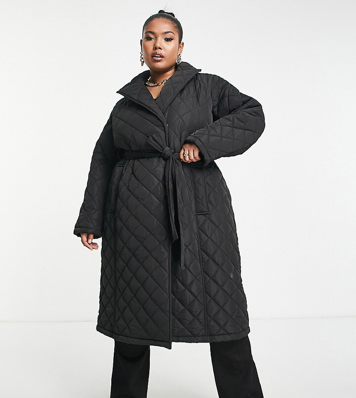Forever New Curve quilted wrap longline coat in black - ShopStyle
