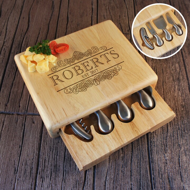 Personalized Cheese Board With Wine Corkscrew & Cutlery Set Engraved Monogram Design Options & Font Selection | Each