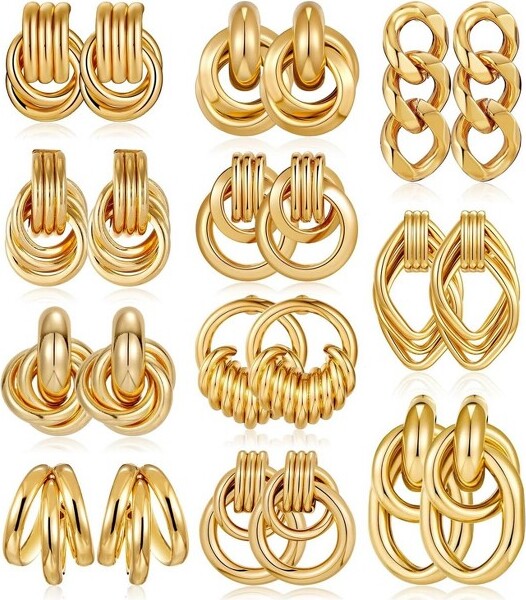 SmallRig11-PairGoldKnotEarringsSetChunkyLinkDropDangleHypoallergenicforWomen