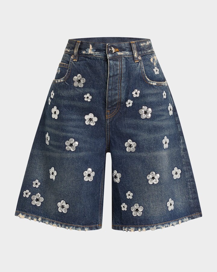 Marc Jacobs Daisy Sequined Wide-Leg Denim Bermuda Shorts