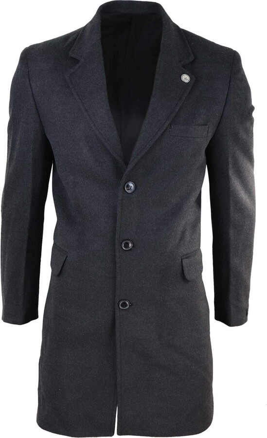 Mens 3/4 Long Crombie Overcoat Jacket Wool Feel Coat