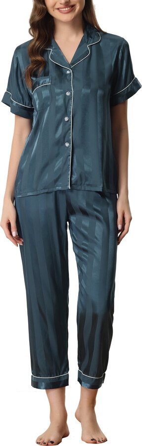 Unique Bargains Womens Satin Button Down Short Sleeve Long Pants Pajama Set S Blue
