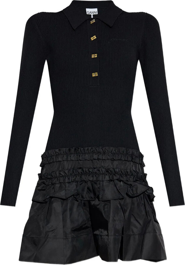 Ganni Ribbed Ruffled-Skirt Mini Dress