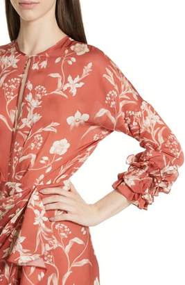 Johanna Ortiz Floral Print Ruffle Satin Dress