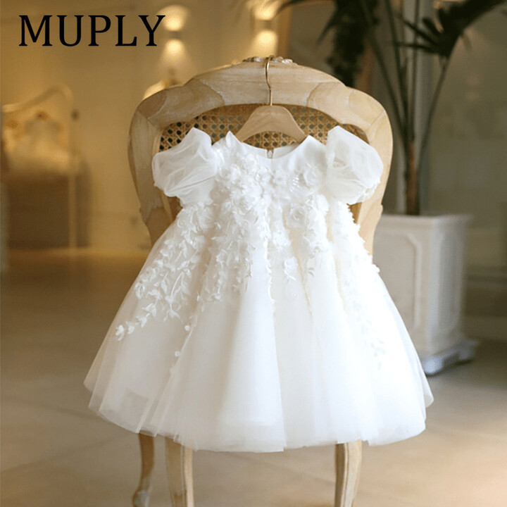 MUPLY Princess Flower Girl Dress For Wedding White Tulle Applique Puffy With Bow Cute Kids Baby Pageant Birthday Party Dress Ball Gown