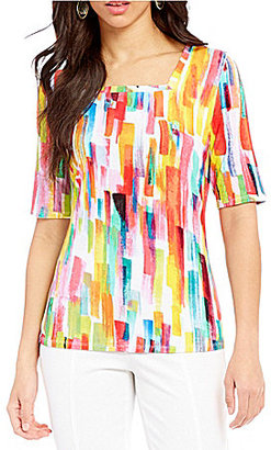 Investments Petites Square Neck Elbow Sleeve Printed Top