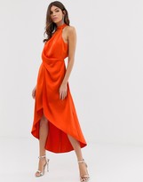Thumbnail for your product : ASOS DESIGN satin midi dress with high neck and wrap skirt
