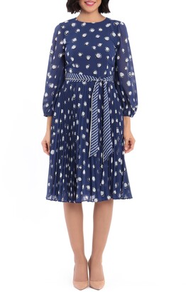 Maggy London Dot Print Long Sleeve Pleated Midi Dress