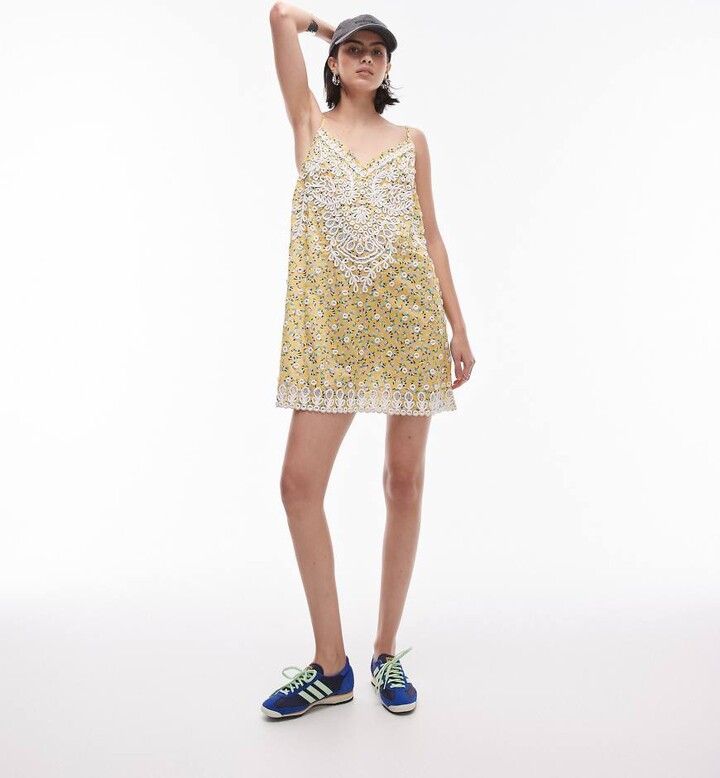 Topshop premium broderie detail mini slip dress in yellow ditsy