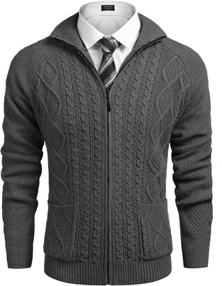 COOFANDY Men's Full Zip Cardigan Sweater Slim Fit Cable Knitted Zip Up Sweater With Pockets, Blue, XX-Large