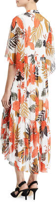 Fuzzi Half-Sleeve V-Neck Leaf-Print Tulle Dress