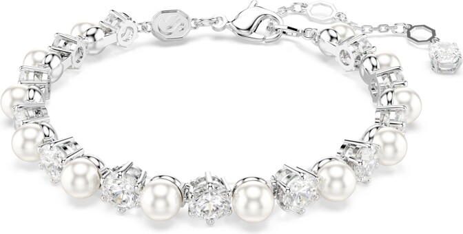 Swarovski Crystal Cultivated Pearl Round Cut Tennis Bracelet - White Silver