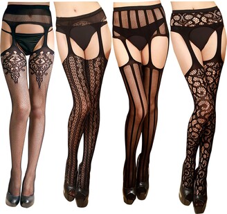 ISIYINER Womens Fishnet Tights Suspender Pantyhose Sexy Garter Belt  Thigh-High Stockings Black 4 Pairs - ShopStyle Hosiery