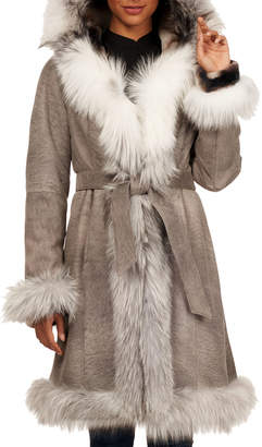 Gorski Fox-Fur Trim Lamb-Shearling Wrap Coat