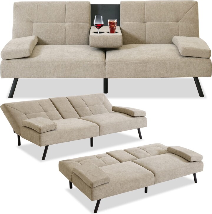 MUUEGM Futon Sofa Bed Memory Foam Couch Bed Convertible Pull Out Sofa Sleeper with 2 Cup Holders