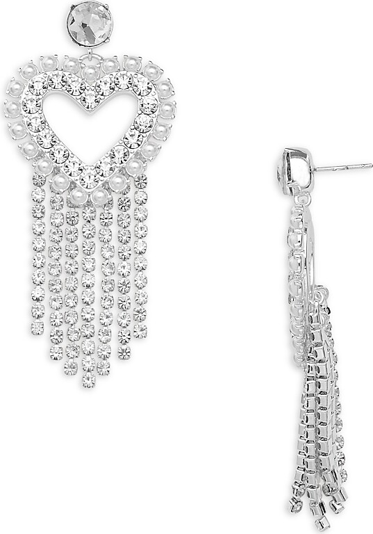 Aqua Salvo Rhinestone Heart Fringe Drop Earrings - Exclusive