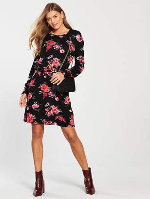 Very Ruched Cuff Jersey Dress - Floral Print