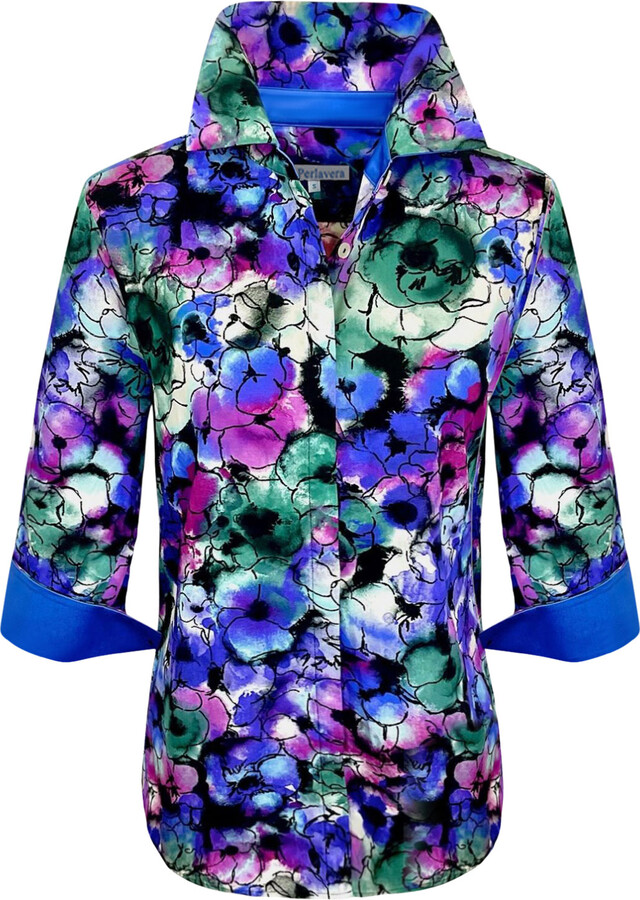 Perlavera Cindy Bloom Purple Printed Three Quarter Sleeve Regular Slim Shirt