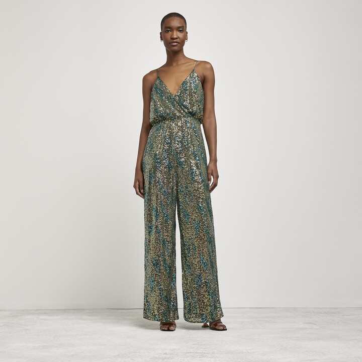 River Island Womens Green sequin wrap front jumpsuit - ShopStyle