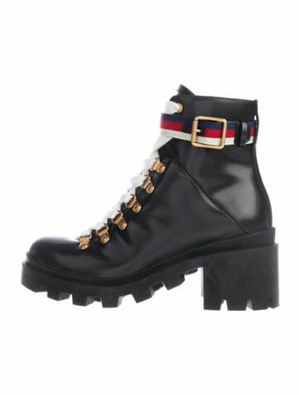 Gucci Sylvie Web Accent Leather Combat Boots Black - ShopStyle
