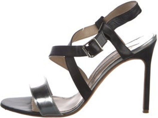 Manolo Blahnik Leather Slingback Sandals Black & Silver Buckle Closure at Ankles Includes Dust Bag