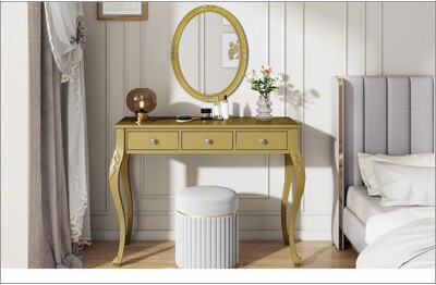 Mercer41 Luxury Makeup Vanity Desk with Oval Mirror 3-Drawer Dressing Table for Jewelry Storage Elegant Console Table for Entryway Living Room & Bedroom St