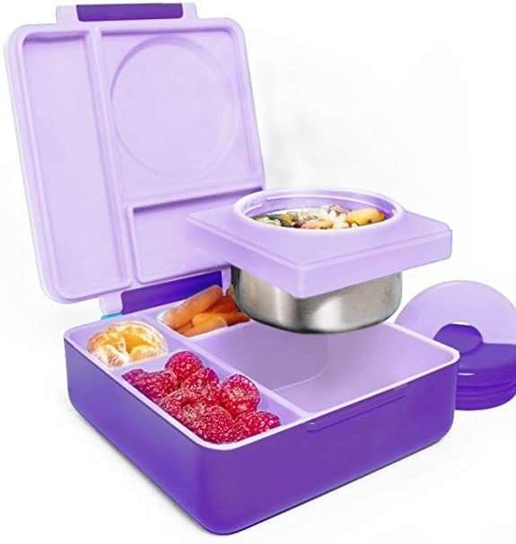 OmieBox Bento Box for Kids - Insulated Bento Lunch Box with Leak Proof Thermos Food Jar - 3 Compartments, Two Temperature Zones - (Purple Plum) (Single)