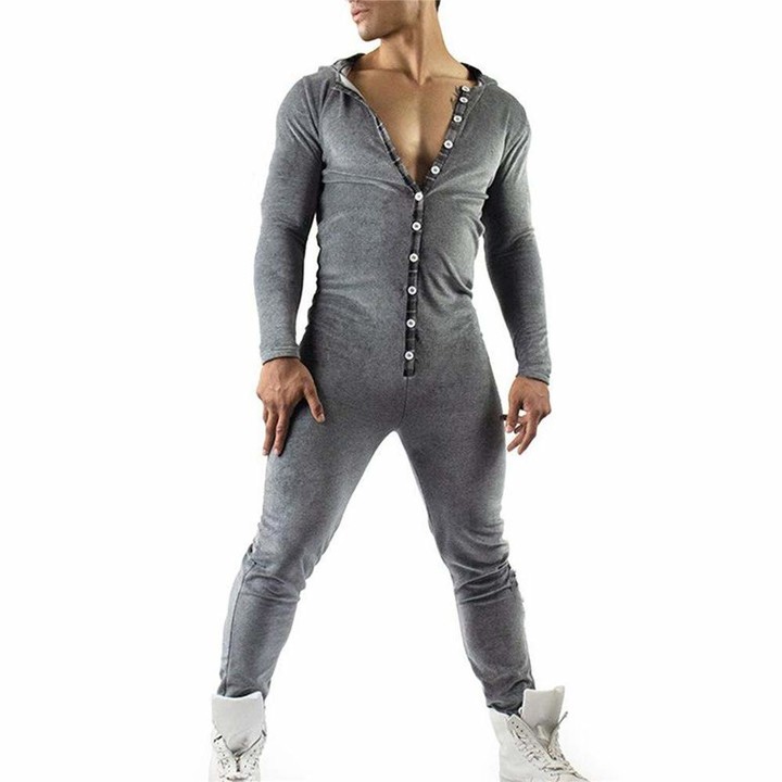 Huyghdfb Men's Sexy Onesie Hooded Pajamas Butt Flap Jumpsuit Long ...