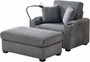 Latitude Run Oversized Chaise Lounge Chair Indoor With Ottoman And Storage, Comfy Corduroy Sleeper Chair With Cup Holder,Mobile Phone Stand&USB Charging Port , Rec