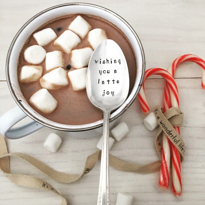 Etsy Hand Stamped Vintage Silver Teaspoon - Wishing You A Latte Joy, Stocking Stuffer, Coffee Spoon, Co-Worker Gift, Christmas Gift Exchange