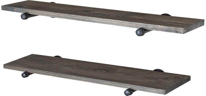 PIPE DECOR 36 in. W x 9 in. D Boulder Black Pine Wood Wall Mounted Decorative Wall Shelf with Black Industrial Pipe Brackets