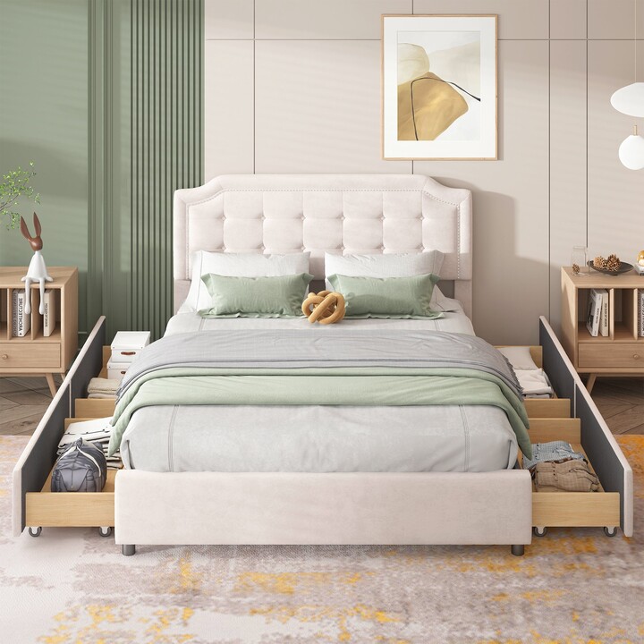 TOSWIN Queen Size Upholstered Platform Bed Velvet Fabric Storage Bed