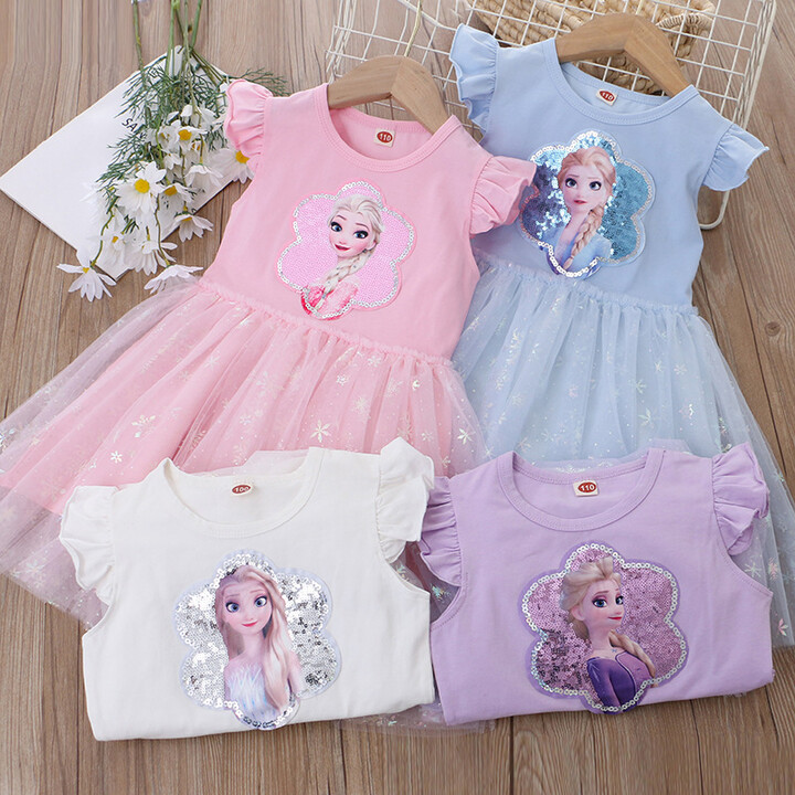 Potdemiel Girls Clothes 2025 New Summer Disney Elsa Princess Dresses Flying Sleeve Kids Dress Frozen Party Baby Dresses for Children 3-10T