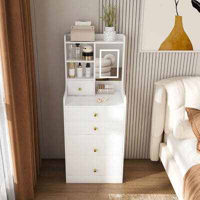 3-in-1 Dressing Table with LED Mirror and Storage Stool - Compact Makeup Vanity with 4 Drawers, Storage Cabinet, Hidden Stool, and Open Bookshelf for