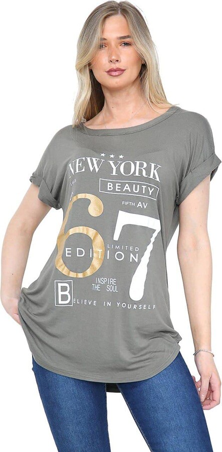 UK 26-28 US 22-24 WearAll Womens Plus New York Slogan Print Short Sleeve Round Neck T-Shirt Top White