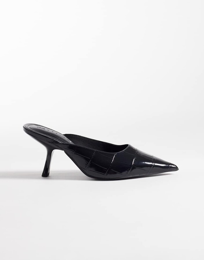 ASOS DESIGN Sophie mid heeled mules in black croc