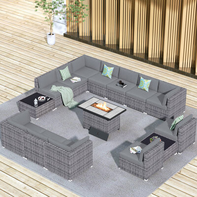 Latitude Run 12-Person Outdoor Sectional With Cushions And Fire Pit,All-Weather Wicker Patio Set