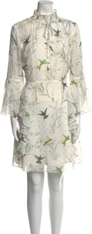 Ted Baker Tent Dress Green, Metallic & White Floral Print Ruffle & Glitter Accents Long Sleeve with Mock Neck Concealed Zip Closure at Back Designer size 3. Designer
