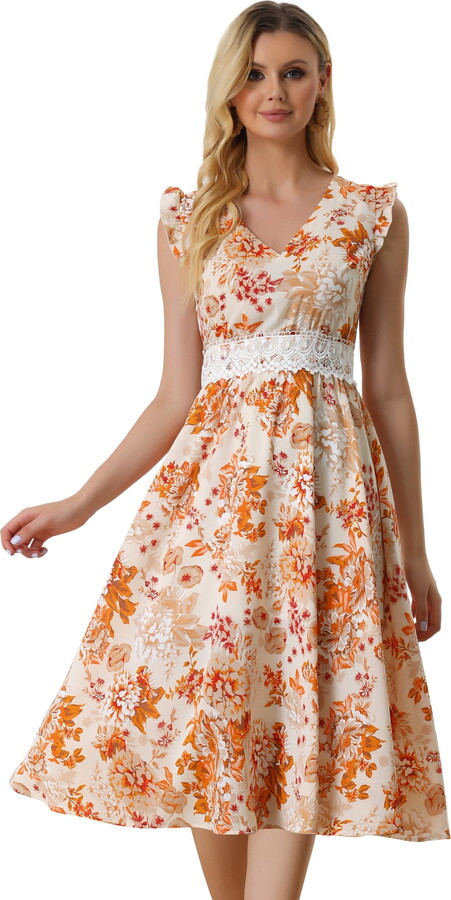 Unique Bargains Women’s V Neck Lace Insert Waist Midi Floral Sundress L Orange