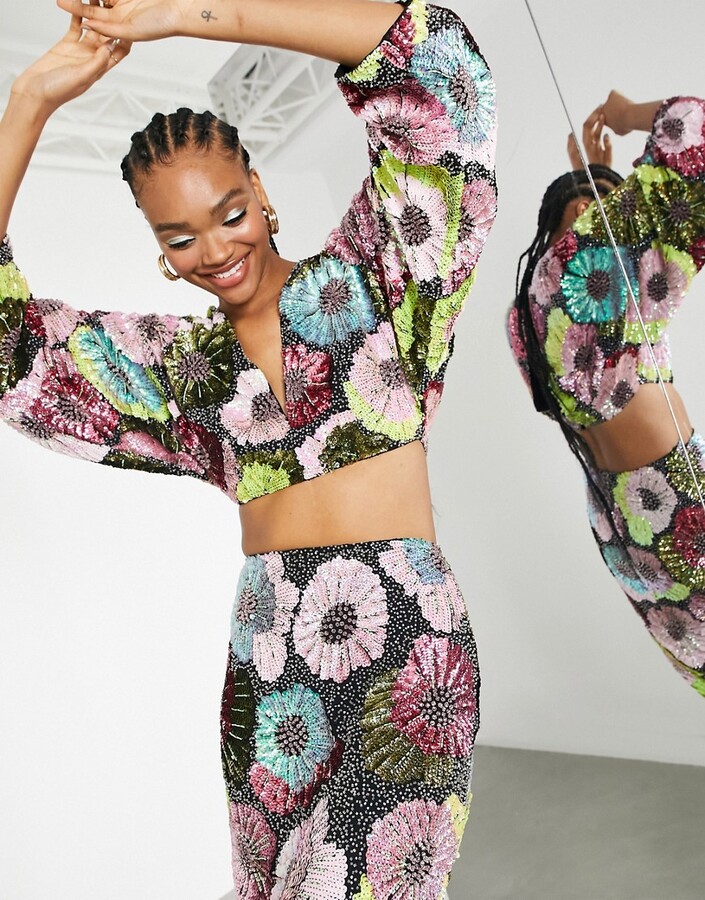 ASOS EDITION top with oversized sleeves in large floral bead and