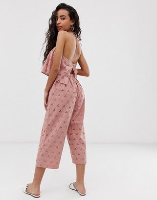 ASOS DESIGN Petite jumpsuit with crop top layer in broderie