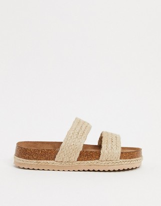 South Beach Exclusive raffia double strap slide sandals in natural
