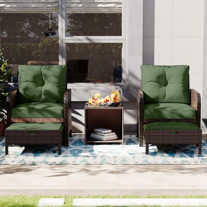 UPHA 5-Piece Wicker Patio Conversation Set, Outdoor Chairs with Dark green Cushions, Coffee Table and Ottomans