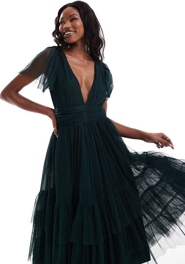 Lace Beads Bridesmaid off shoulder midi dress in dusty blue