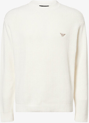 Emporio Armani Mens Off White Logo-Embroidered Crewneck Knitted Cotton Jumper M