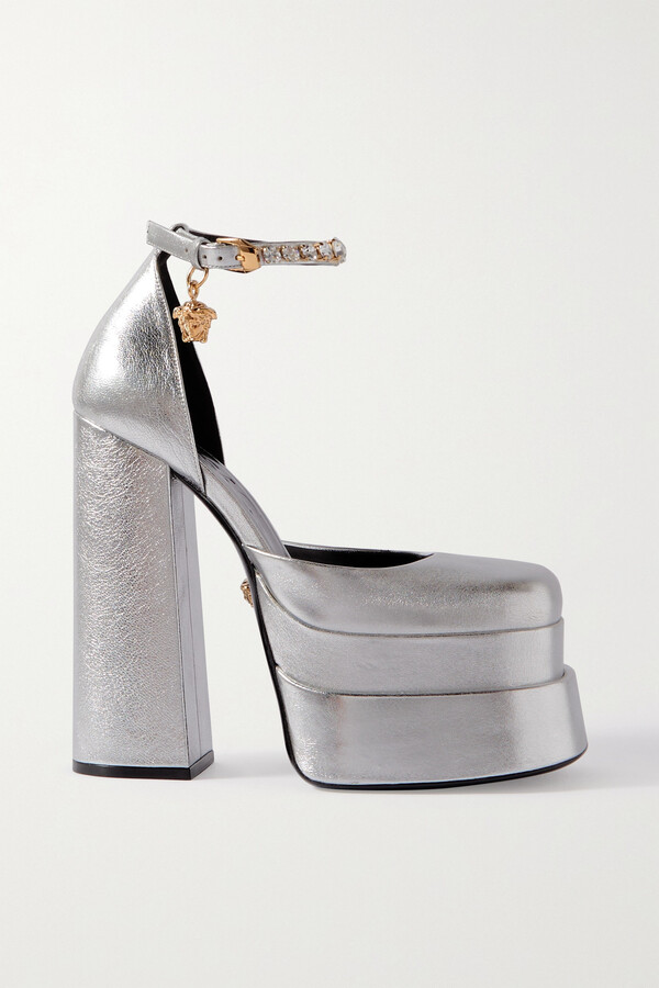 silver platform block heels